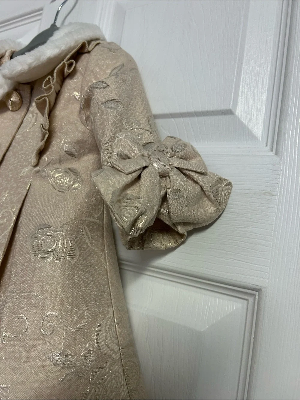 Blueberi Boulevard Champagne Dress With Roses and Coat With Roses Print